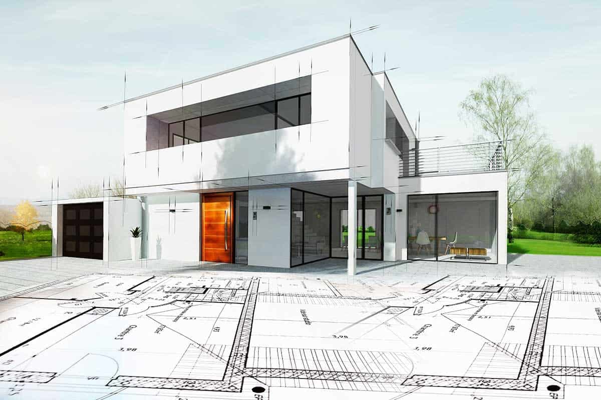 Eine 3-D-Ansicht eines modernen Hauses mit Planunterlagen