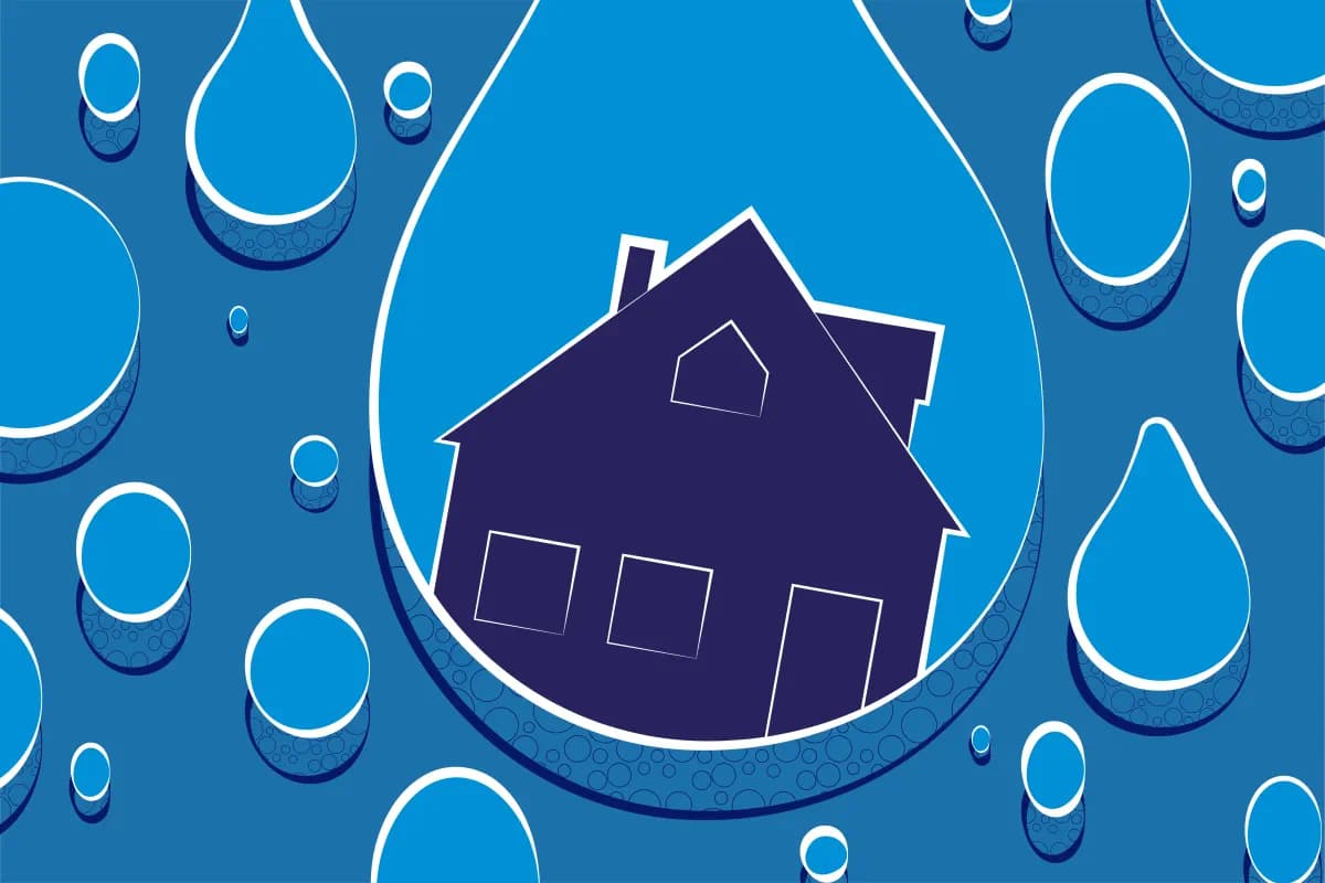 Grafik von einem Haus in einem Tropfen als Titelbild zum Thema Wasserschaden von BauMigo.de