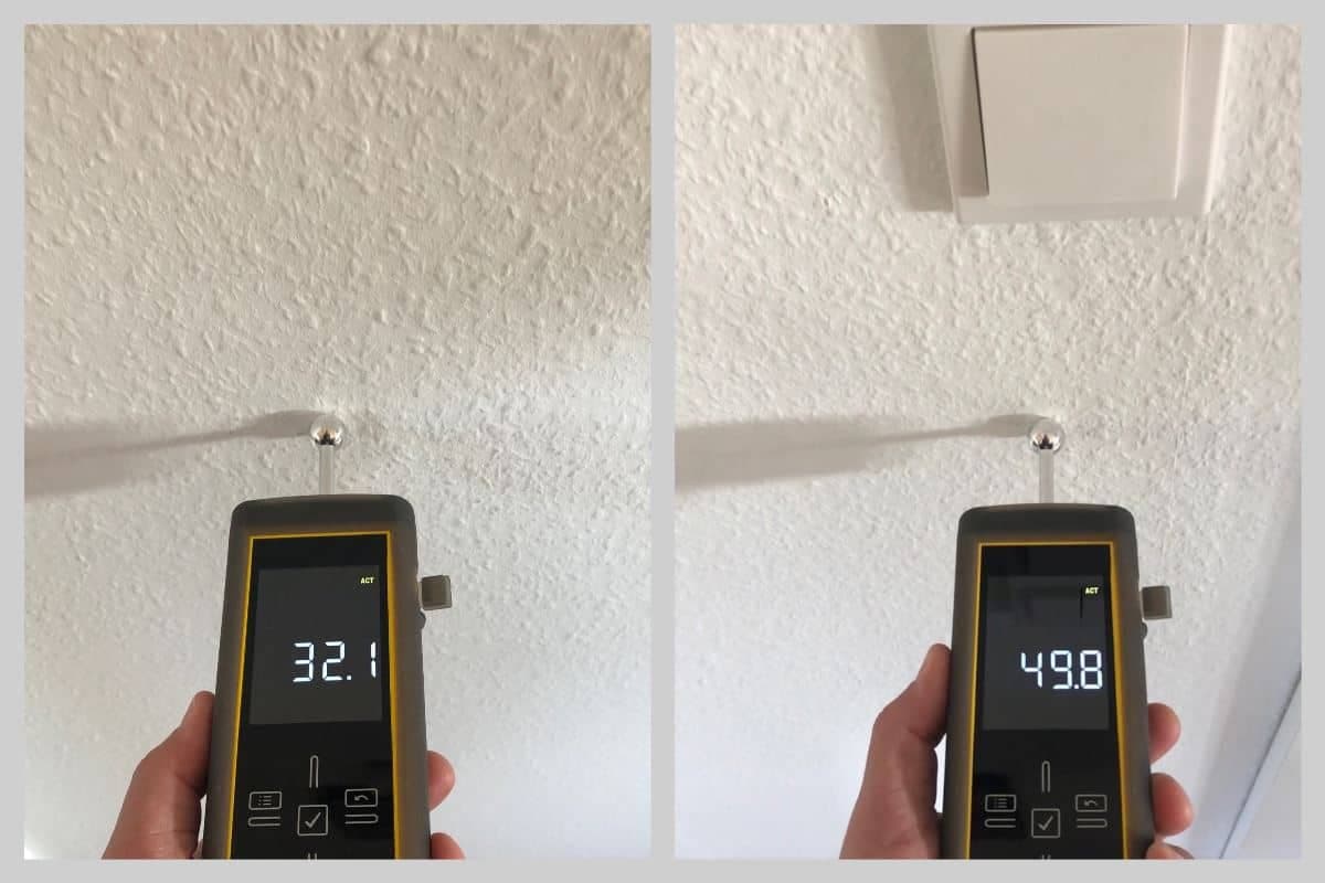 Eine richtig durchgeführte Feuchtemessung und eine falsche über einem Elektrokabel
