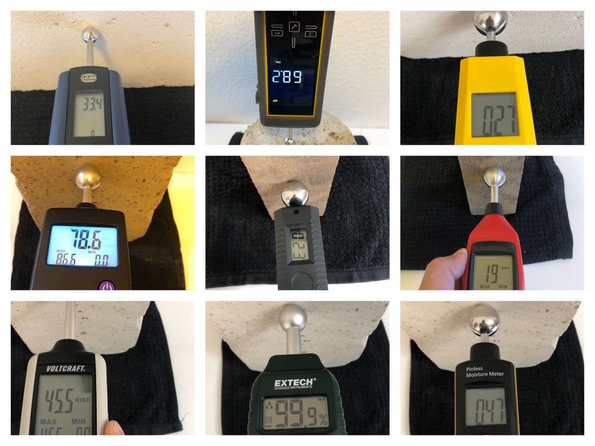 Im Test: Neun Kugelkopf-Feuchtigkeitsmessgerät, die dielektrisch messen. Gann Hydromette BL Compact B 2, Trotec T660, Trotec BM31, Tobometer HY, Gann Hydromette Compact B, Stier Feuchtigkeitsmessgerät, Voltkraft MF-100, Extech MO57 und TFA Humidcheck Contact
