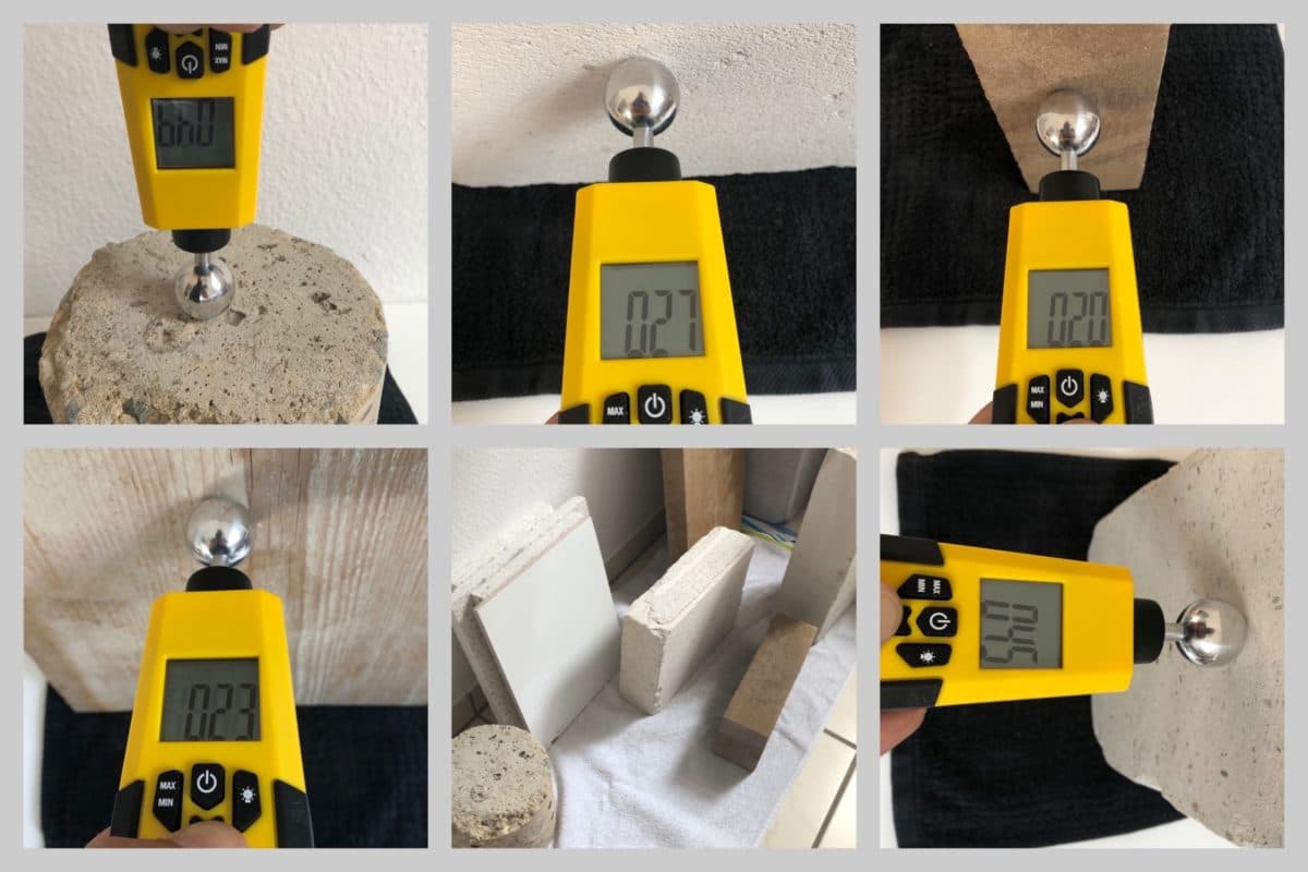 Das TROTEC BM31 Feuchtigkeitsmessgerät an Beton, Kalksandstein, Ziegel, Holz und Porenbeton mit Messwerten in DIGITS