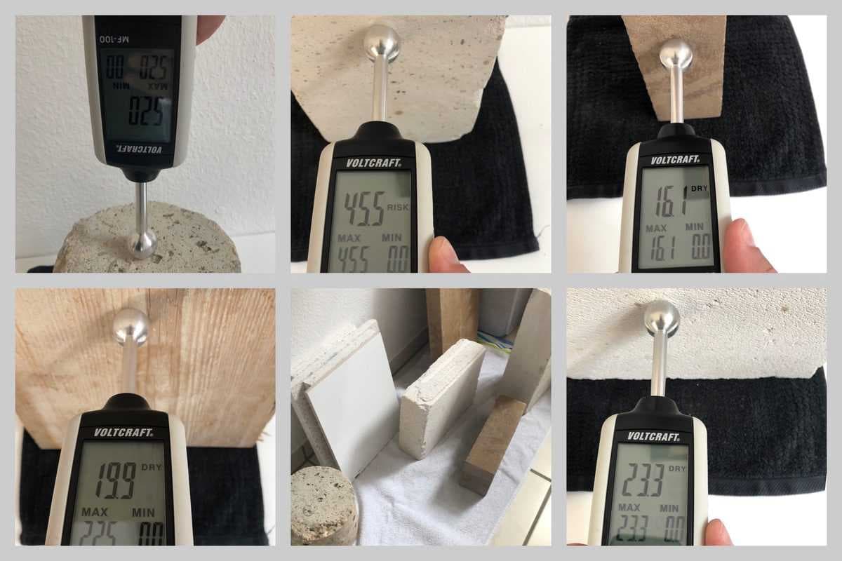 Das VOLTCRAFT MF-100 Feuchtigkeitsmessgerät an Beton, Kalksandstein, Ziegel, Holz und Porenbeton mit Messwerten in DIGITS