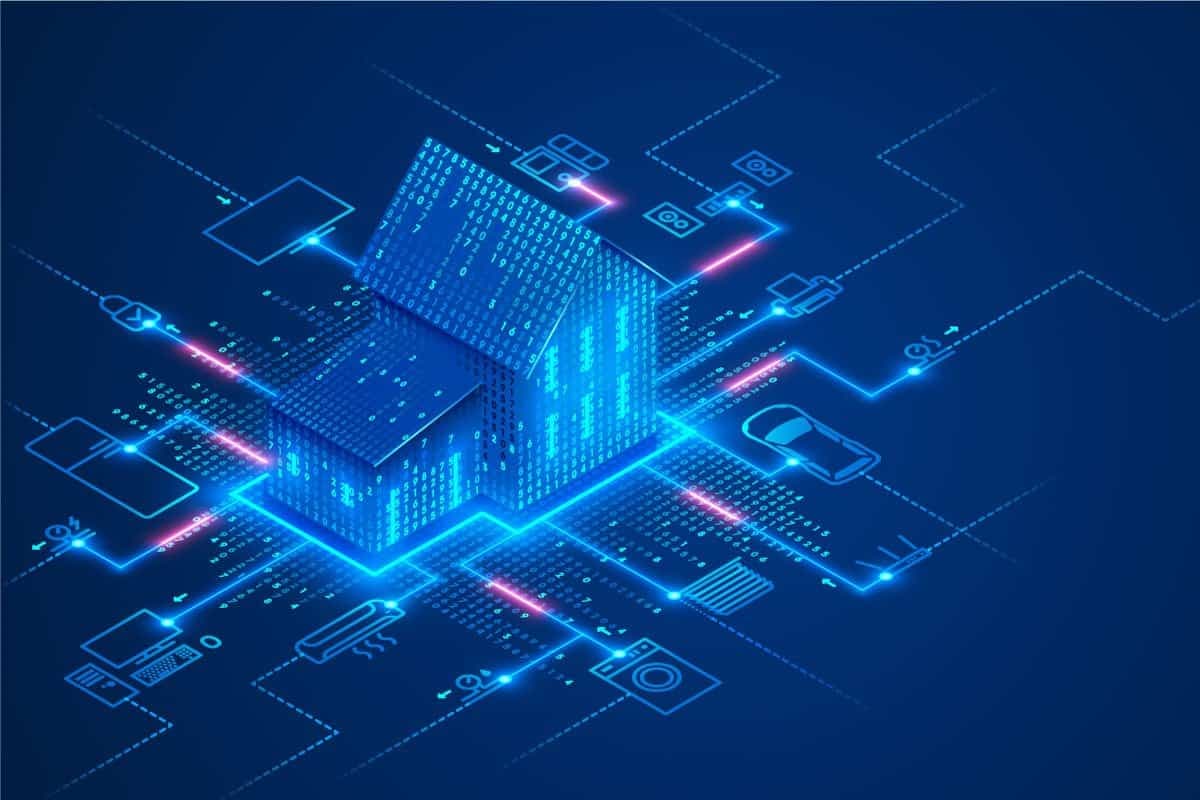 Konzeptionelles Banner der Smart Home-Technologie. Das Gebäude besteht aus Ziffern und ist mit Symbolen für Haushalts-Smart-Geräte verbunden. Illustrationskonzept des intelligenten Kontrollhauses des Systems auf blauem Hintergrund.