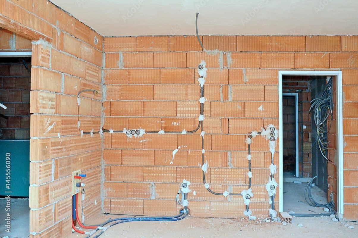 Das Bild zeigt einen Rohbau, unverputzte Wände, der Estrich fehlt. Lehrrohre für die Elektroinstallation sind bereits verlegt, ebenso Leitungen für das Kalt- und Warmwasser. Mit dem Einziehen der Elektroleitungen wurde begonnen. So könnte ein Haus kurz nach der Übergabe an Sie aussehen. Es ist noch sehr viel Eigenleistung nötig.