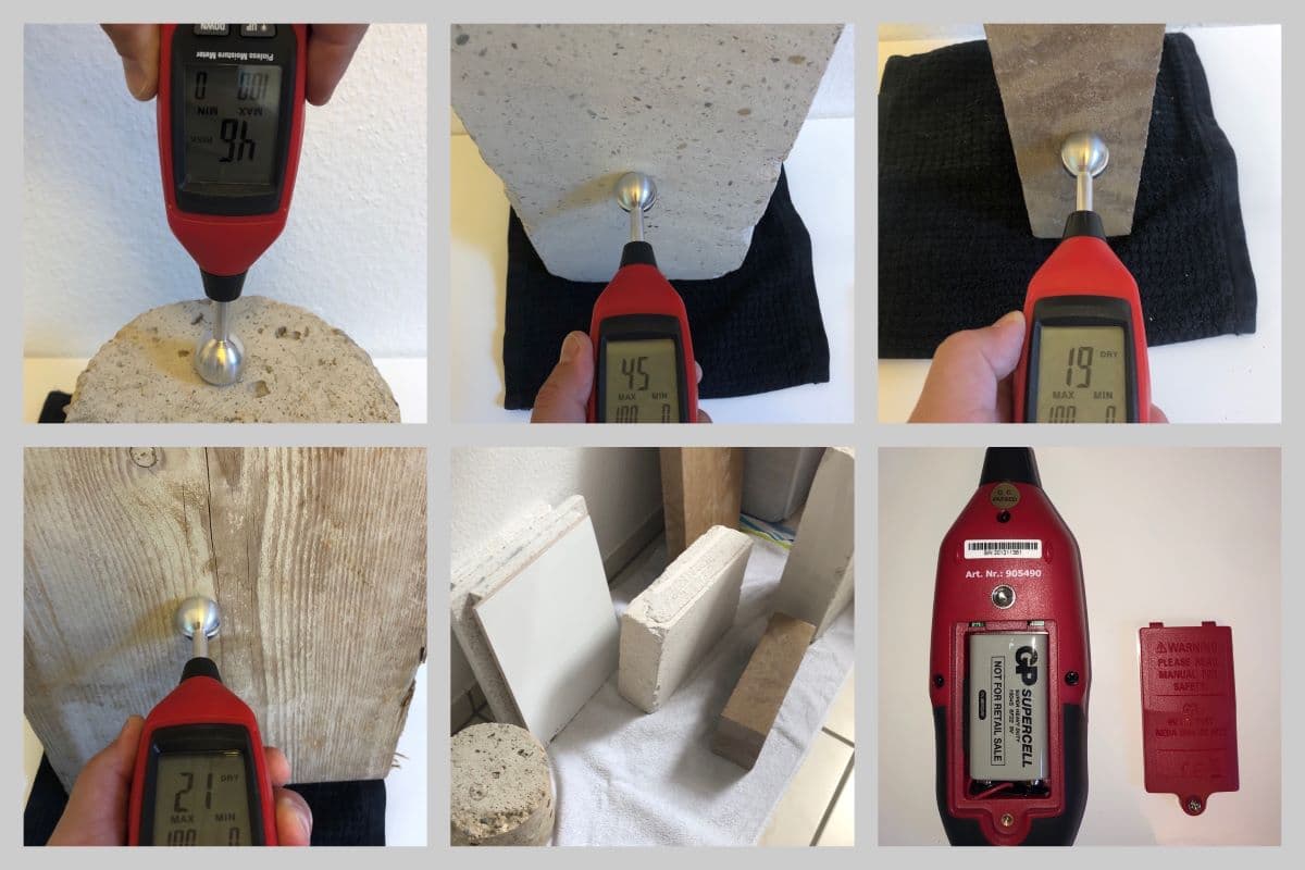 Das Stier-Feuchtigkeitsmessgerät (vermutlich baugleich mit dem VOLTCRAFT MF-90) an Beton, Kalksandstein, Ziegel und Holz mit Messwerten in DIGITS