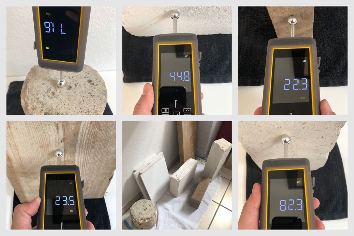 Das TROTEC T660 Feuchtigkeitsmessgerät an Beton, Kalksandstein, Ziegel, Holz und Porenbeton mit Messwerten in DIGITS