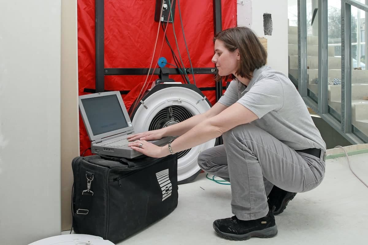 Ein Technikerin führt einen Blower-Door-Test durch