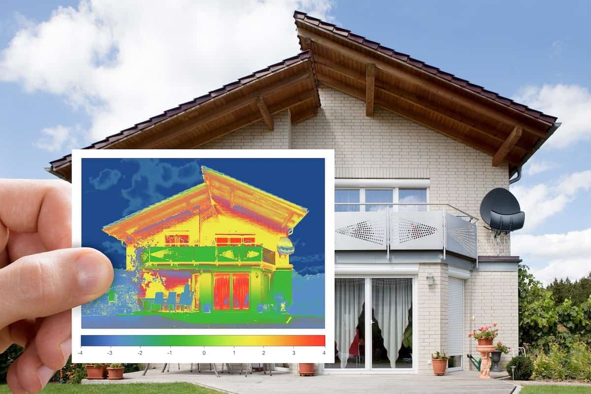 Ein Einfamilienhaus und im Vordergrund ein Infrarot-Wärmebild von diesem Haus