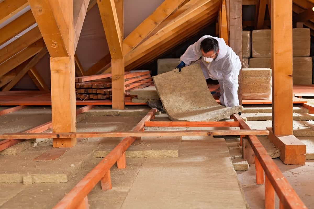 Ein Handwerker verlegt Wärmedämmung im Dachgeschoss